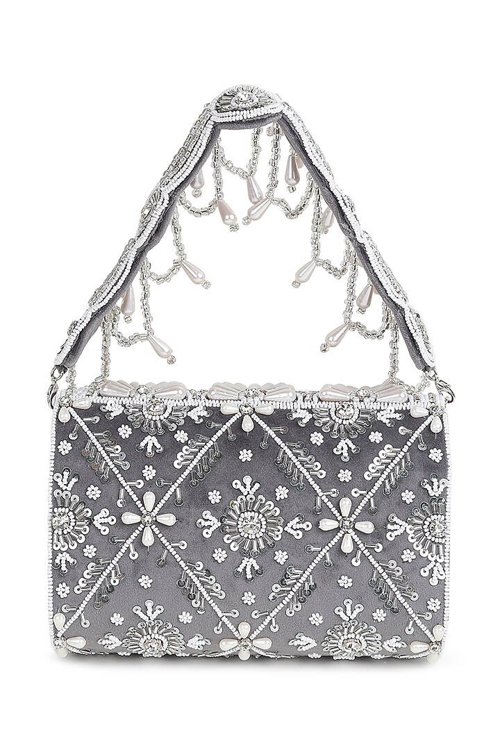 Grey Suede Pearl Embellished Flap Bag by House of Webhin at Pernia's Pop Up Shop