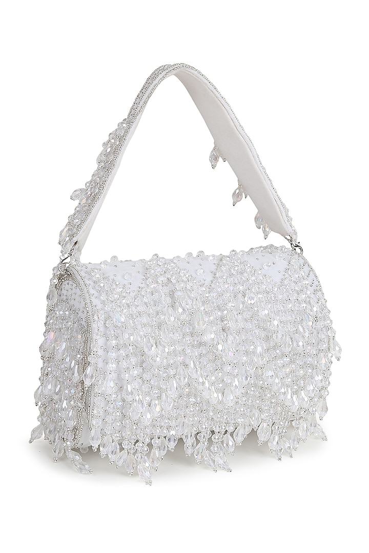 White Suede Crystal Work Flap Bag by House of Webhin at Pernia's Pop Up Shop