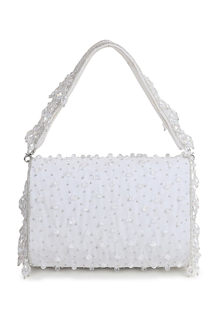 White Suede Crystal Work Flap Bag by House of Webhin at Pernia's Pop Up Shop