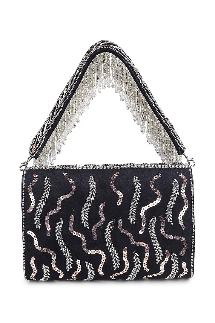 Black Suede Cutdana Work Flap Bag by House of Webhin at Pernia's Pop Up Shop