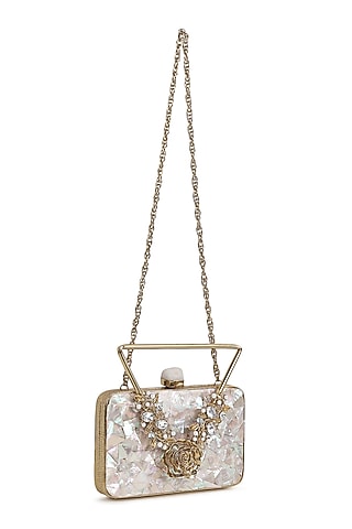 Gold Brass Metal Mother Of Pearl Clutch by House of Webhin