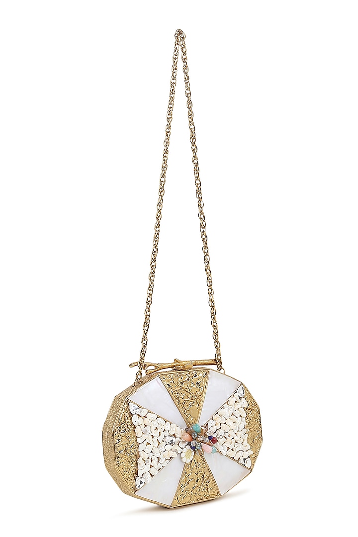 Gold Brass Metal Mother Of Pearl Embellished Oval Clutch by House of Webhin at Pernia's Pop Up Shop