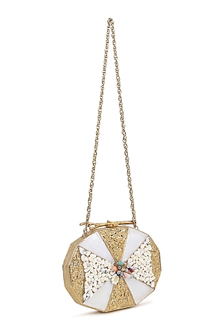 Gold Brass Metal Mother Of Pearl Embellished Oval Clutch by House of Webhin