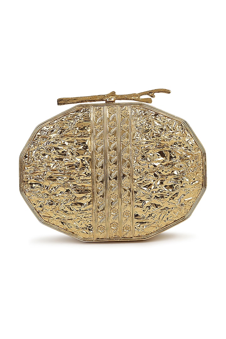 Gold Brass Metal Mother Of Pearl Embellished Oval Clutch by House of Webhin at Pernia's Pop Up Shop