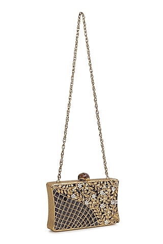 Gold Brass Metal Mother Of Pearl Work Clutch by House of Webhin