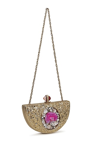 Gold Brass Metal Mother Of Pearl Work Clutch by House of Webhin