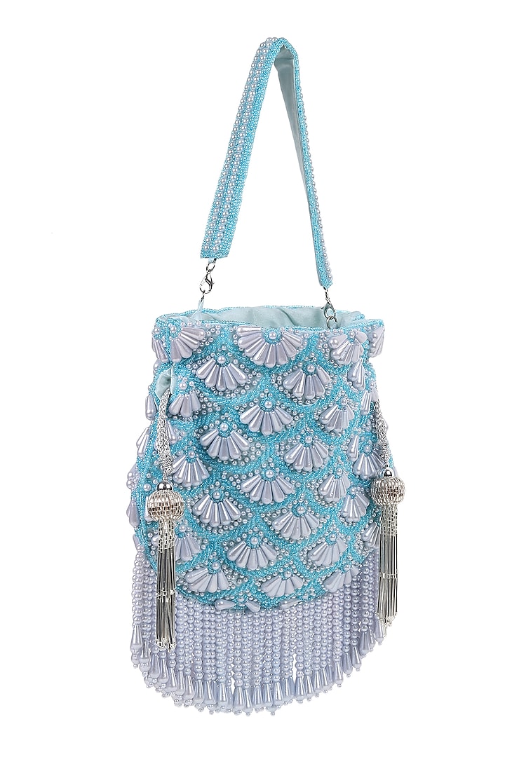 Baby Blue Silk Pearl Embroidered Potli by House of Webhin at Pernia's Pop Up Shop