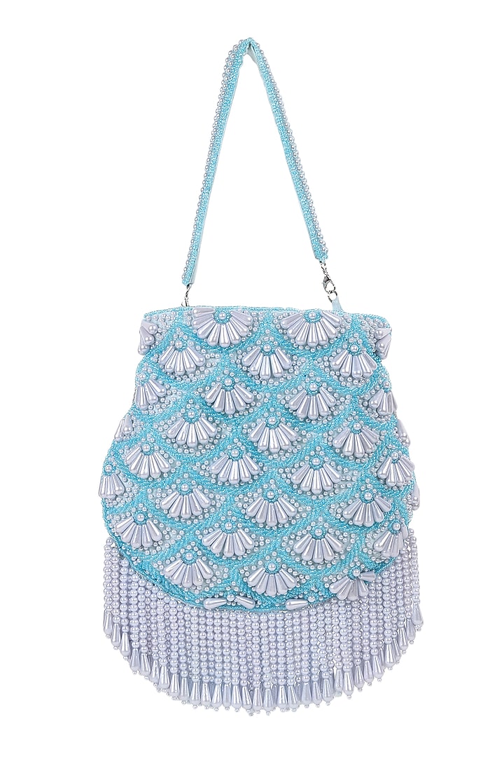 Baby Blue Silk Pearl Embroidered Potli by House of Webhin at Pernia's Pop Up Shop