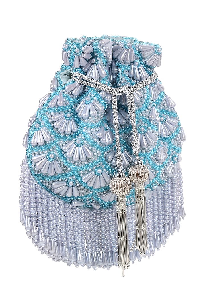 Baby Blue Silk Pearl Embroidered Potli by House of Webhin at Pernia's Pop Up Shop