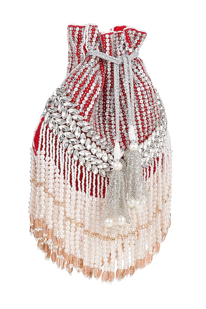 Red Suede Embroidered Potli by House of Webhin at Pernia's Pop Up Shop