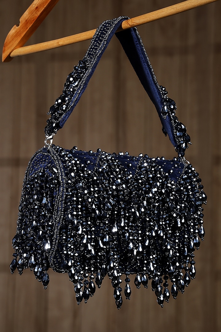 Blue Suede Bead Embroidered Flap Bag by House of Webhin at Pernia's Pop Up Shop