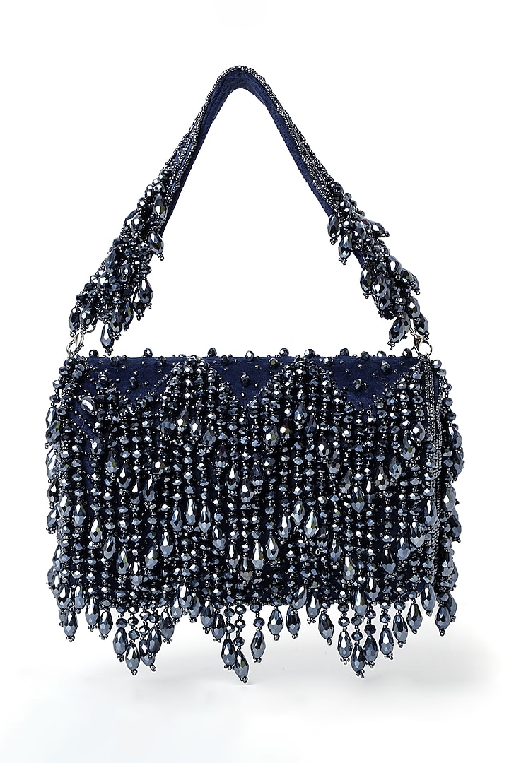 Blue Suede Bead Embroidered Flap Bag by House of Webhin at Pernia's Pop Up Shop