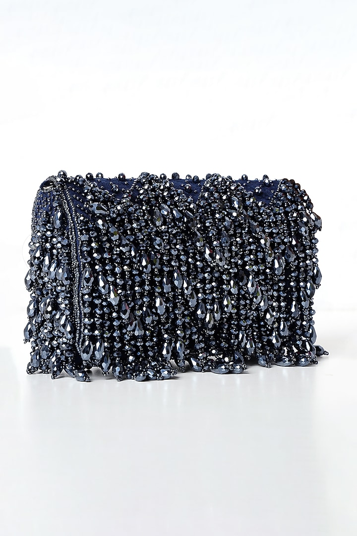Blue Suede Bead Embroidered Flap Bag by House of Webhin at Pernia's Pop Up Shop