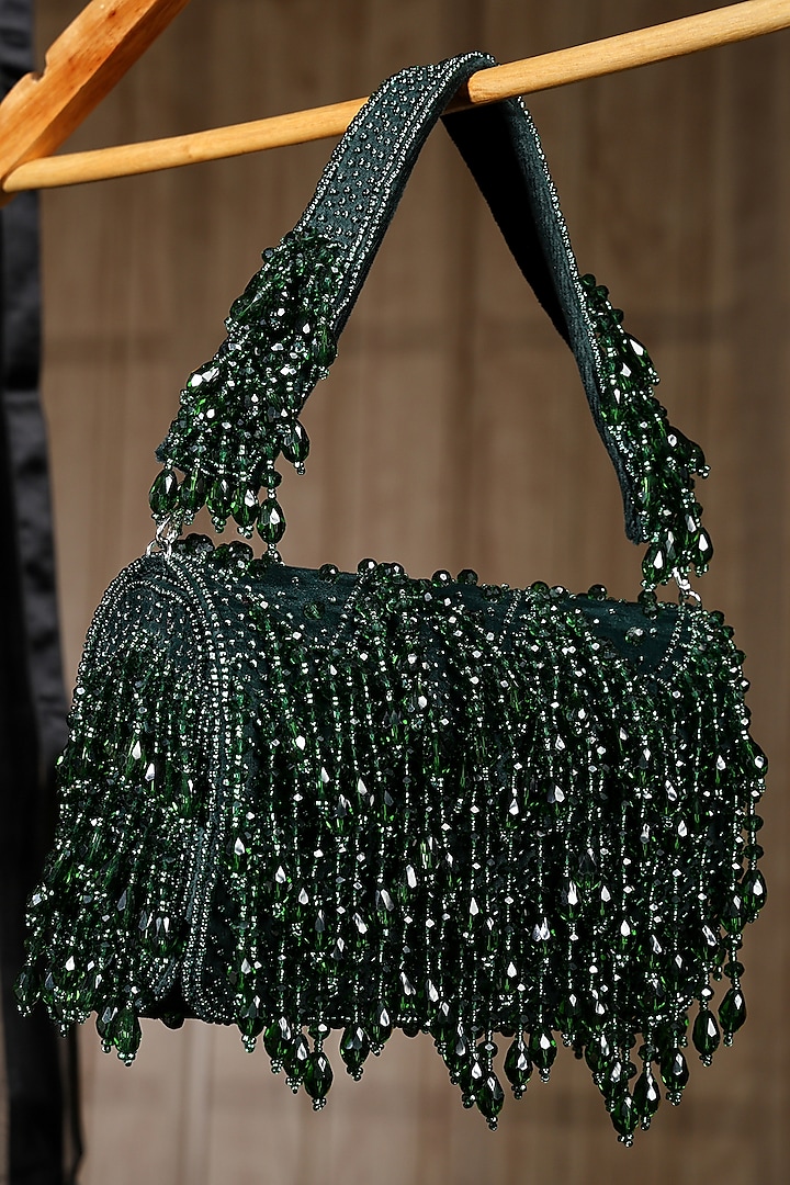 Green Suede Embroidered Flap Bag by House of Webhin at Pernia's Pop Up Shop