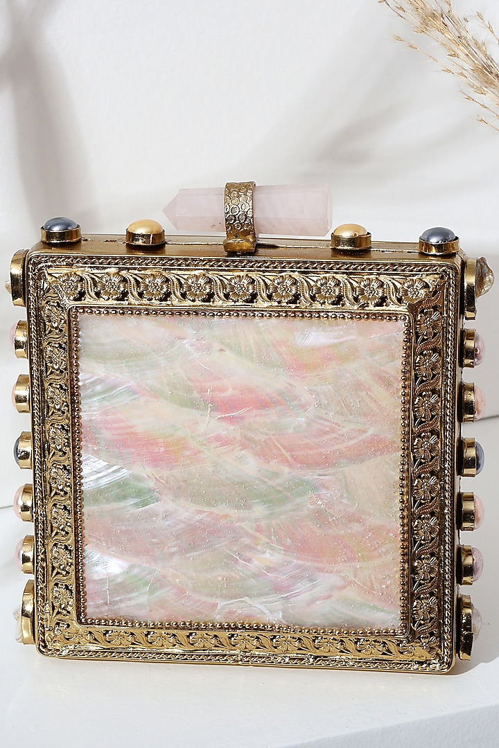 Gold Brass Metal Mother Of Pearl Work Clutch by House of Webhin at Pernia's Pop Up Shop