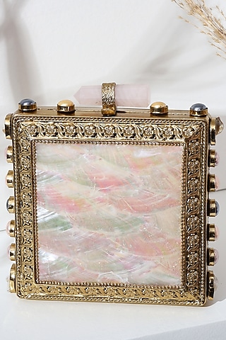 Gold Brass Metal Mother Of Pearl Work Clutch by House of Webhin