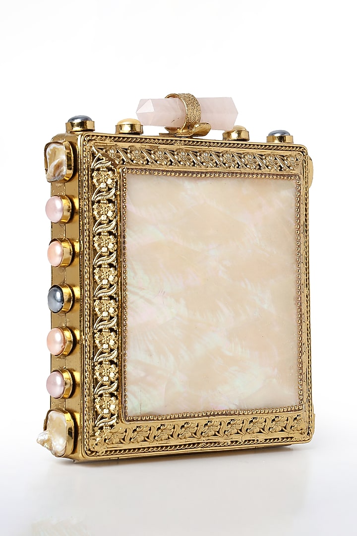 Gold Brass Metal Mother Of Pearl Work Clutch by House of Webhin at Pernia's Pop Up Shop