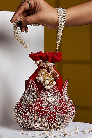 Red Velvet Cutdana Work Potli by House of Webhin