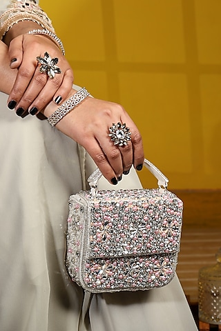 Beige & Nude Suede Embroidered Clutch by House of Webhin