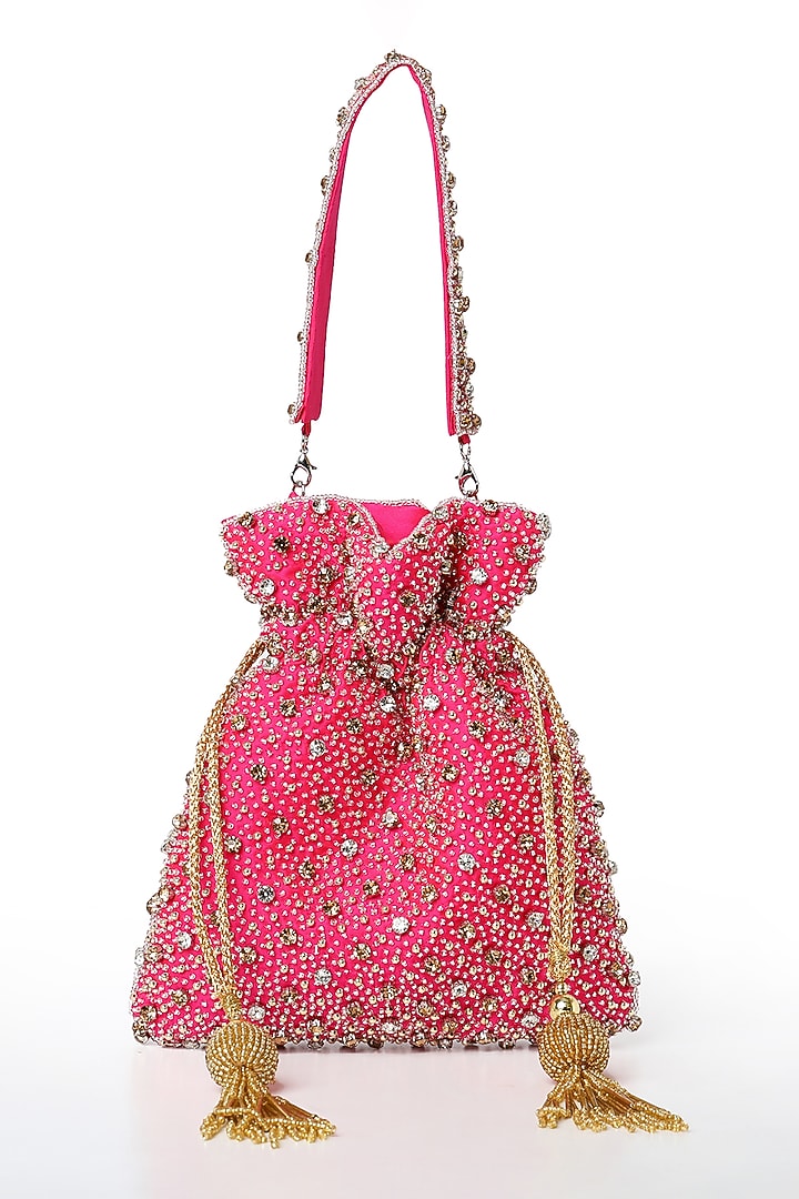 Hot Pink Silk Embroidered Potli by House of Webhin at Pernia's Pop Up Shop