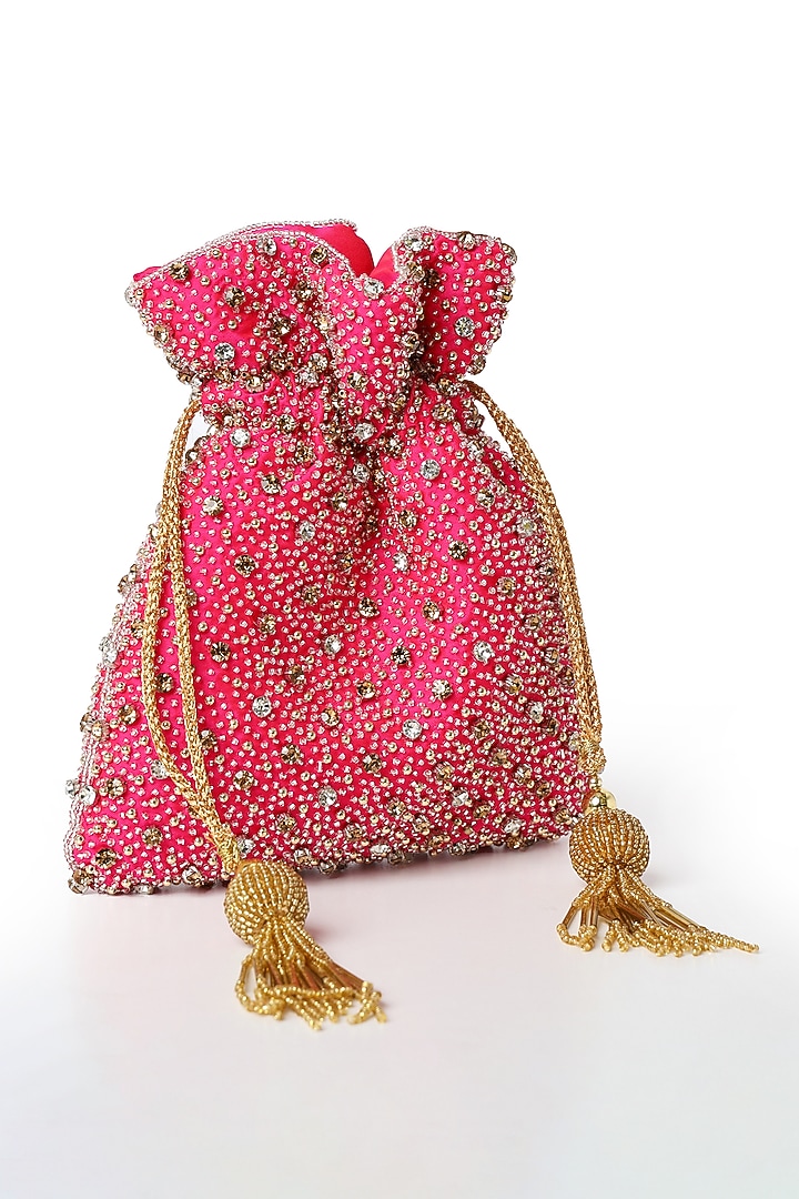 Hot Pink Silk Embroidered Potli by House of Webhin at Pernia's Pop Up Shop