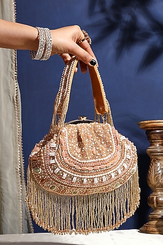 Golden Silk Bead Work Batua Bag by House of Webhin
