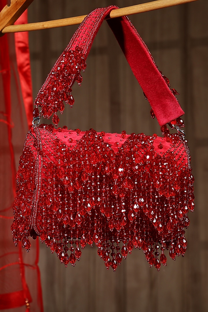 Red Suede Crystal Embellished Flap Bag by House of Webhin at Pernia's Pop Up Shop