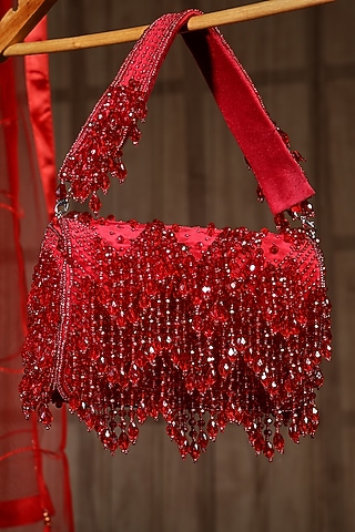 Red Suede Crystal Embellished Flap Bag by House of Webhin