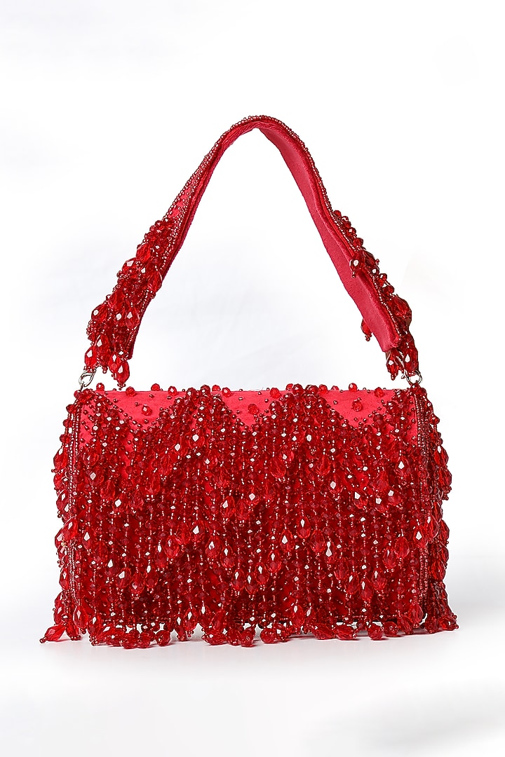 Red Suede Crystal Embellished Flap Bag by House of Webhin at Pernia's Pop Up Shop