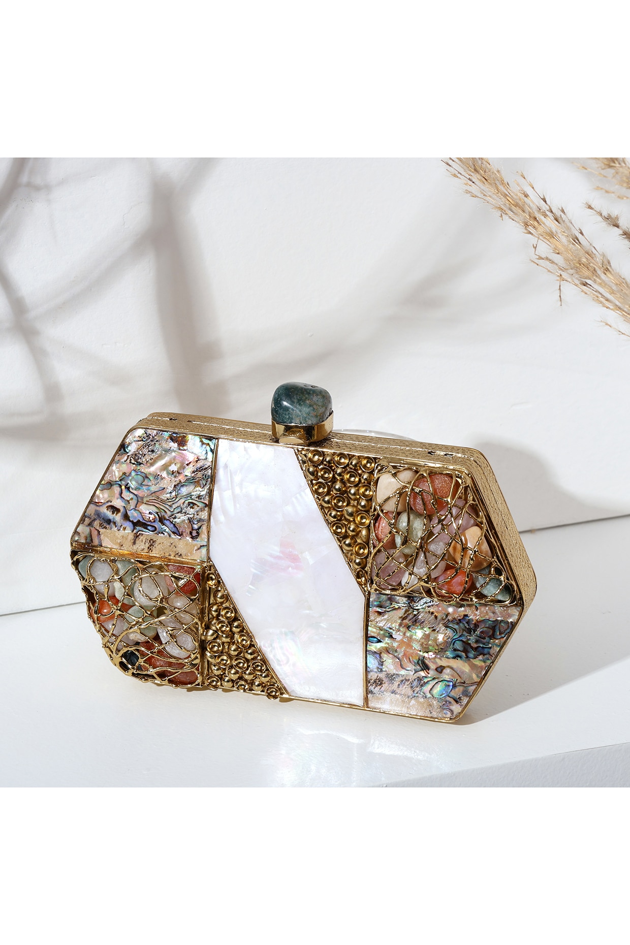 Gold Brass Metal Mother Of Pearl Clutch by House of Webhin at Pernia s Pop Up Shop