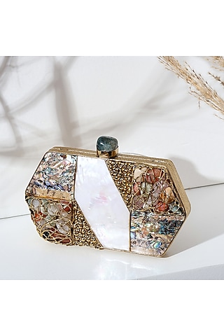 Gold Brass Metal Mother Of Pearl Clutch by House of Webhin