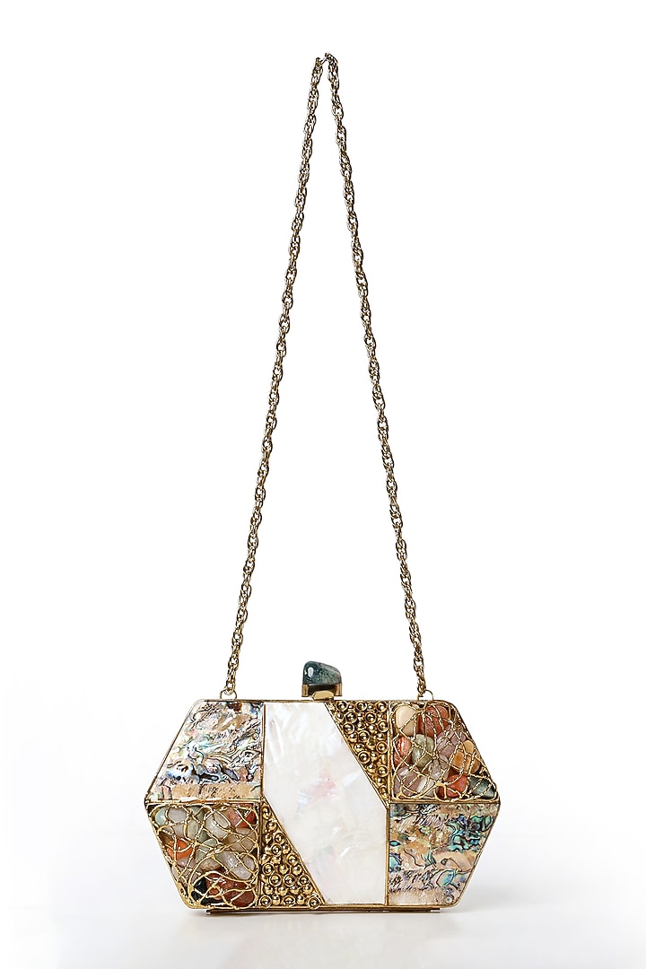 Gold Brass Metal Mother Of Pearl Clutch by House of Webhin at Pernia's Pop Up Shop