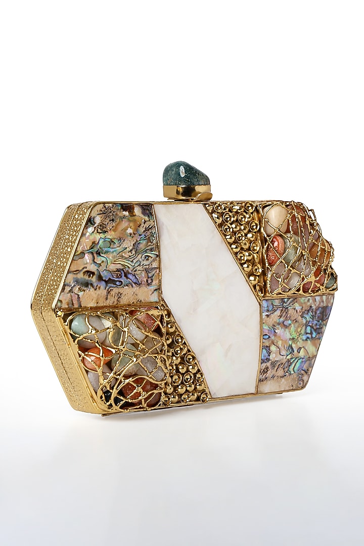 Gold Brass Metal Mother Of Pearl Clutch by House of Webhin at Pernia's Pop Up Shop