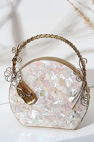 Golden Brass Metal Mother Of Pearl Clutch by House of Webhin