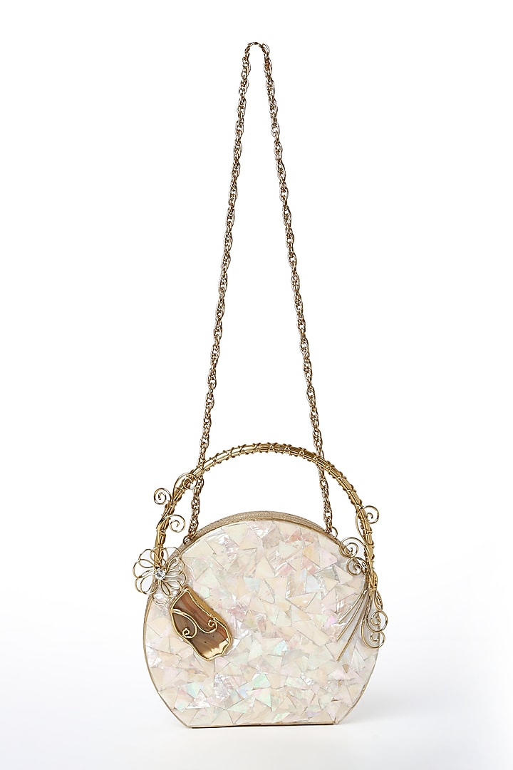 Golden Brass Metal Mother Of Pearl Clutch by House of Webhin at Pernia's Pop Up Shop