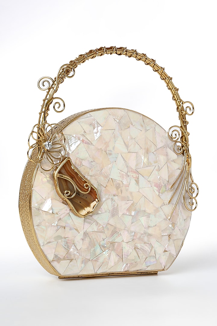 Golden Brass Metal Mother Of Pearl Clutch by House of Webhin at Pernia's Pop Up Shop