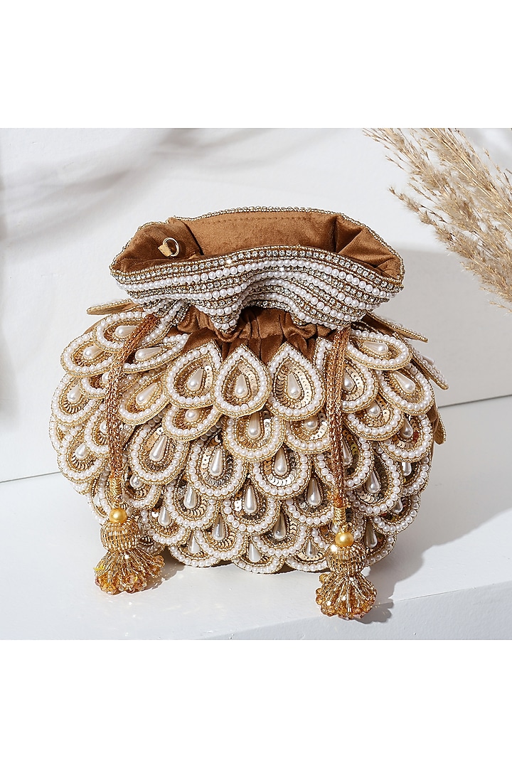 Gold Suede Pearl & Micro Bead Work Potli by House of Webhin at Pernia's Pop Up Shop