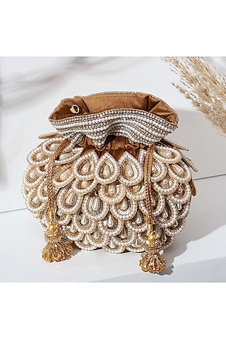 Gold Suede Pearl & Micro Bead Work Potli by House of Webhin