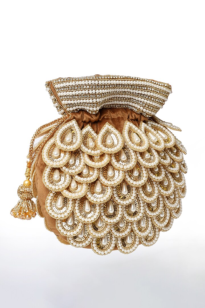 Gold Suede Pearl & Micro Bead Work Potli by House of Webhin at Pernia's Pop Up Shop
