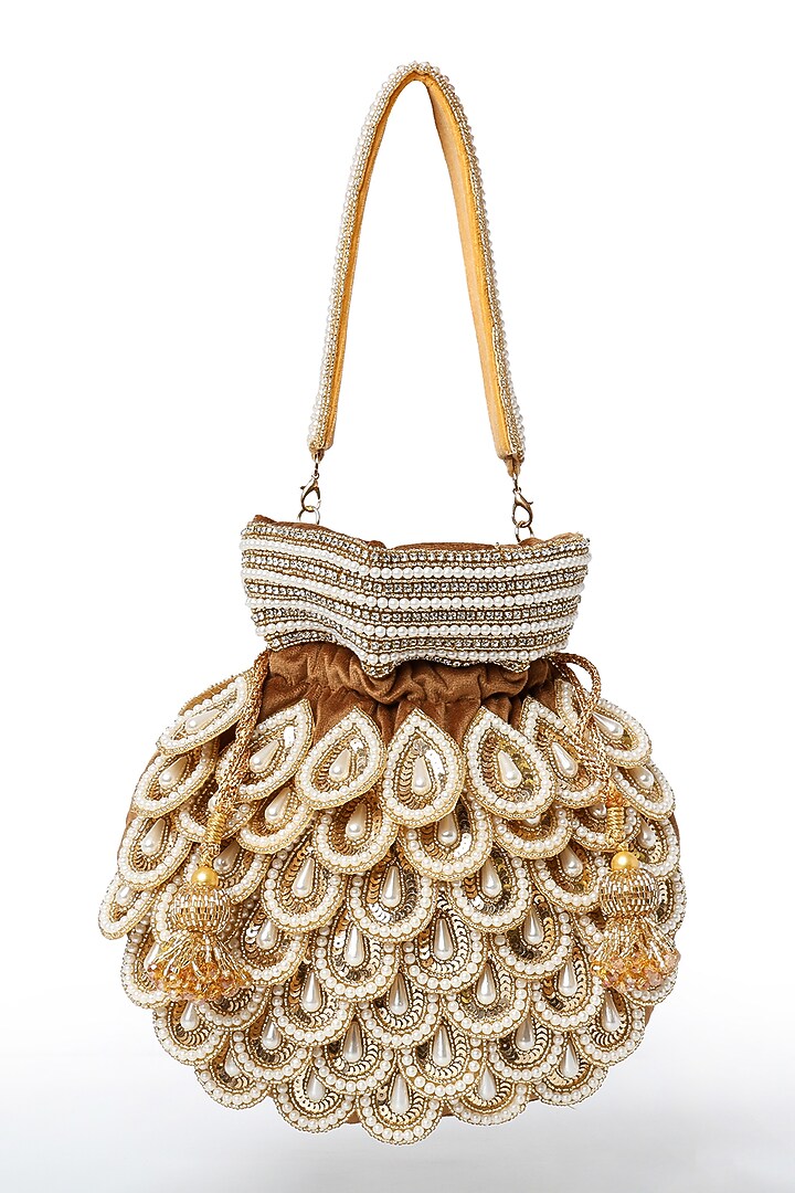 Gold Suede Pearl & Micro Bead Work Potli by House of Webhin at Pernia's Pop Up Shop