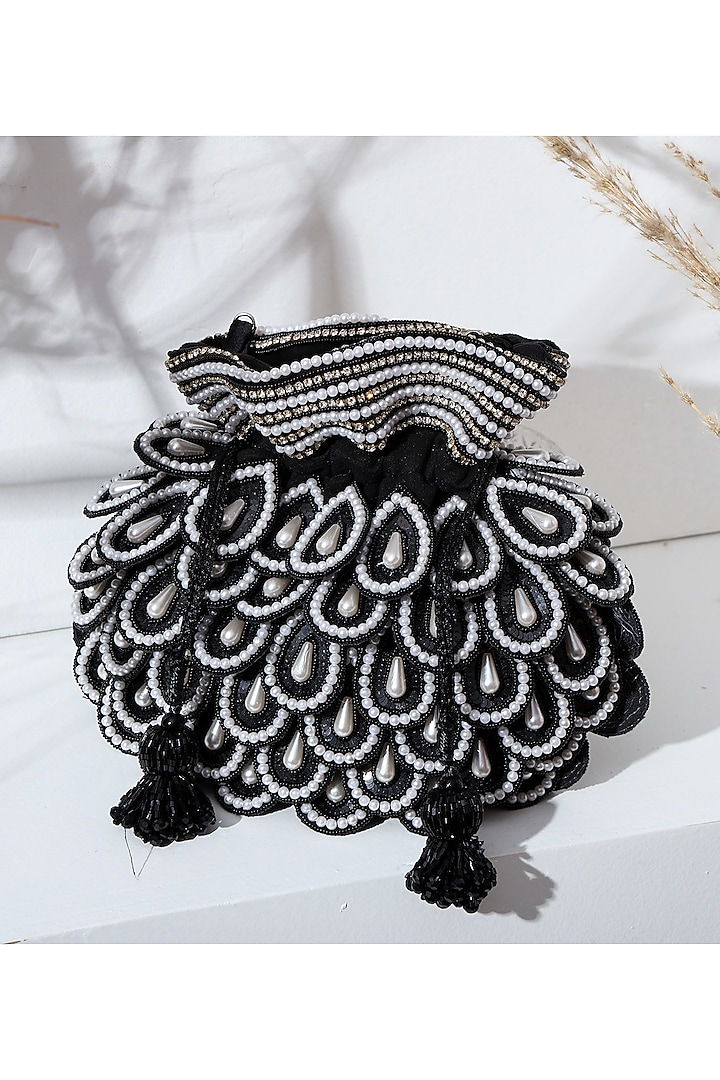 Black Suede Pearl & Micro Bead Embroidered Potli by House of Webhin at Pernia's Pop Up Shop