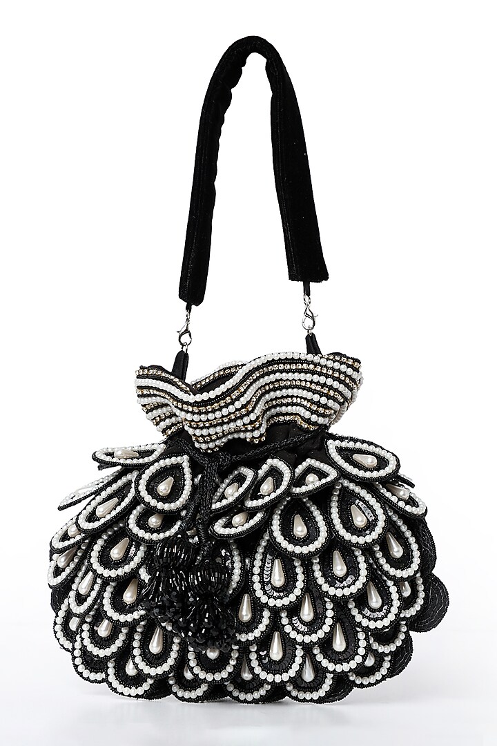 Black Suede Pearl & Micro Bead Embroidered Potli by House of Webhin at Pernia's Pop Up Shop