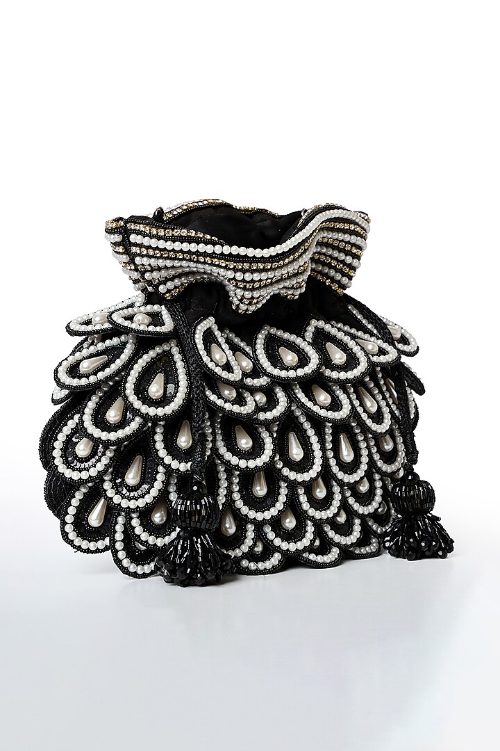 Black Suede Pearl & Micro Bead Embroidered Potli by House of Webhin at Pernia's Pop Up Shop