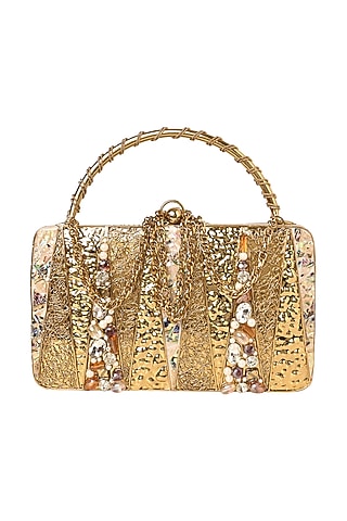 Golden Brass Metal Stone & Shell Embellished Clutch by House of Webhin
