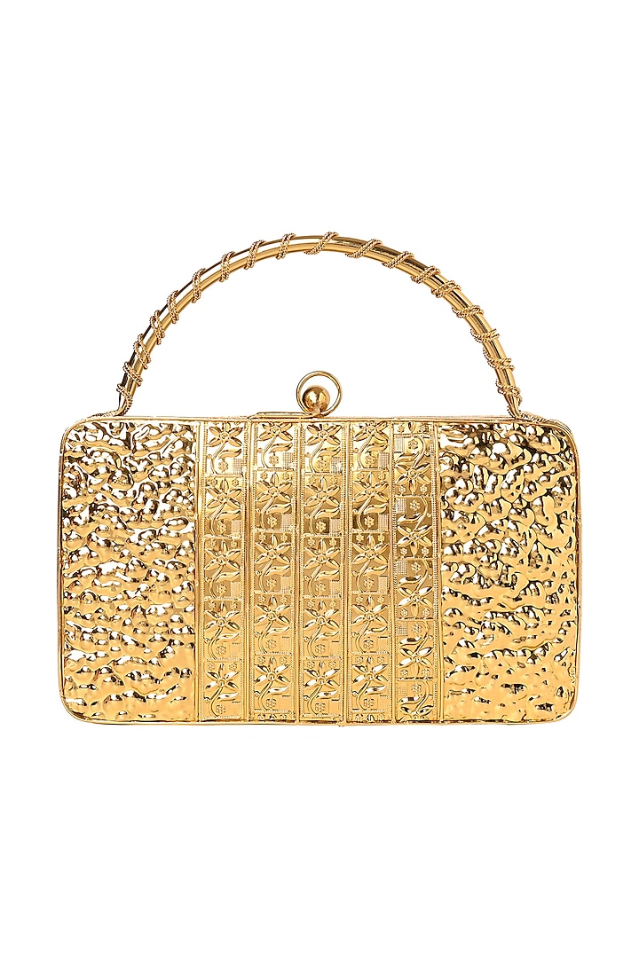 Golden Brass Metal Stone & Shell Embellished Clutch by House of Webhin at Pernia's Pop Up Shop