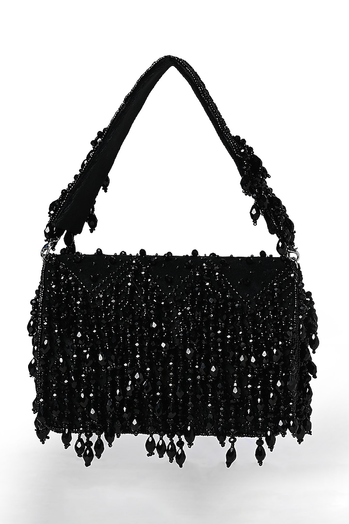 Black Suede Crystal Work Flap Bag by House of Webhin at Pernia's Pop Up Shop