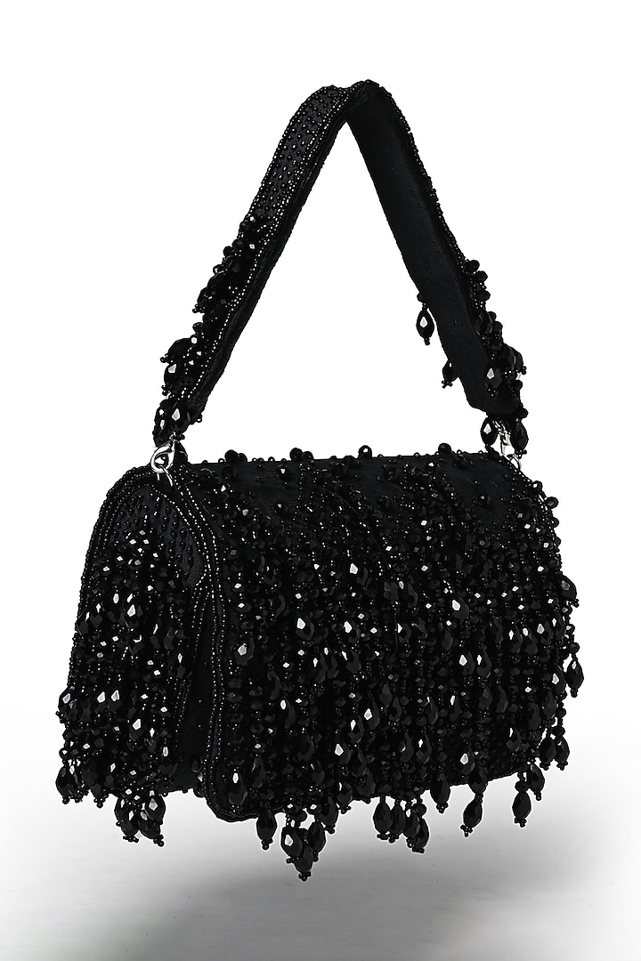 Black Suede Crystal Work Flap Bag by House of Webhin at Pernia's Pop Up Shop