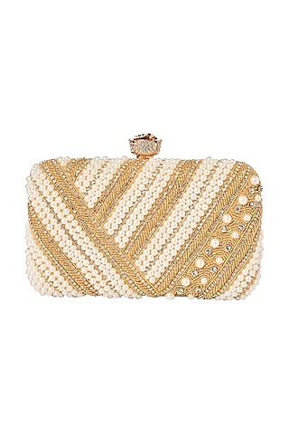 Golden Silk Pearl & Bead Work Clutch by House of Webhin