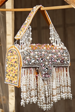 Yellow Suede Pearl Embellished Box Clutch by House of Webhin