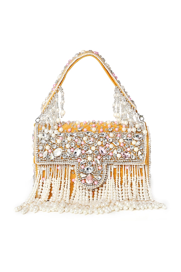 Yellow Suede Pearl Embellished Box Clutch by House of Webhin at Pernia's Pop Up Shop